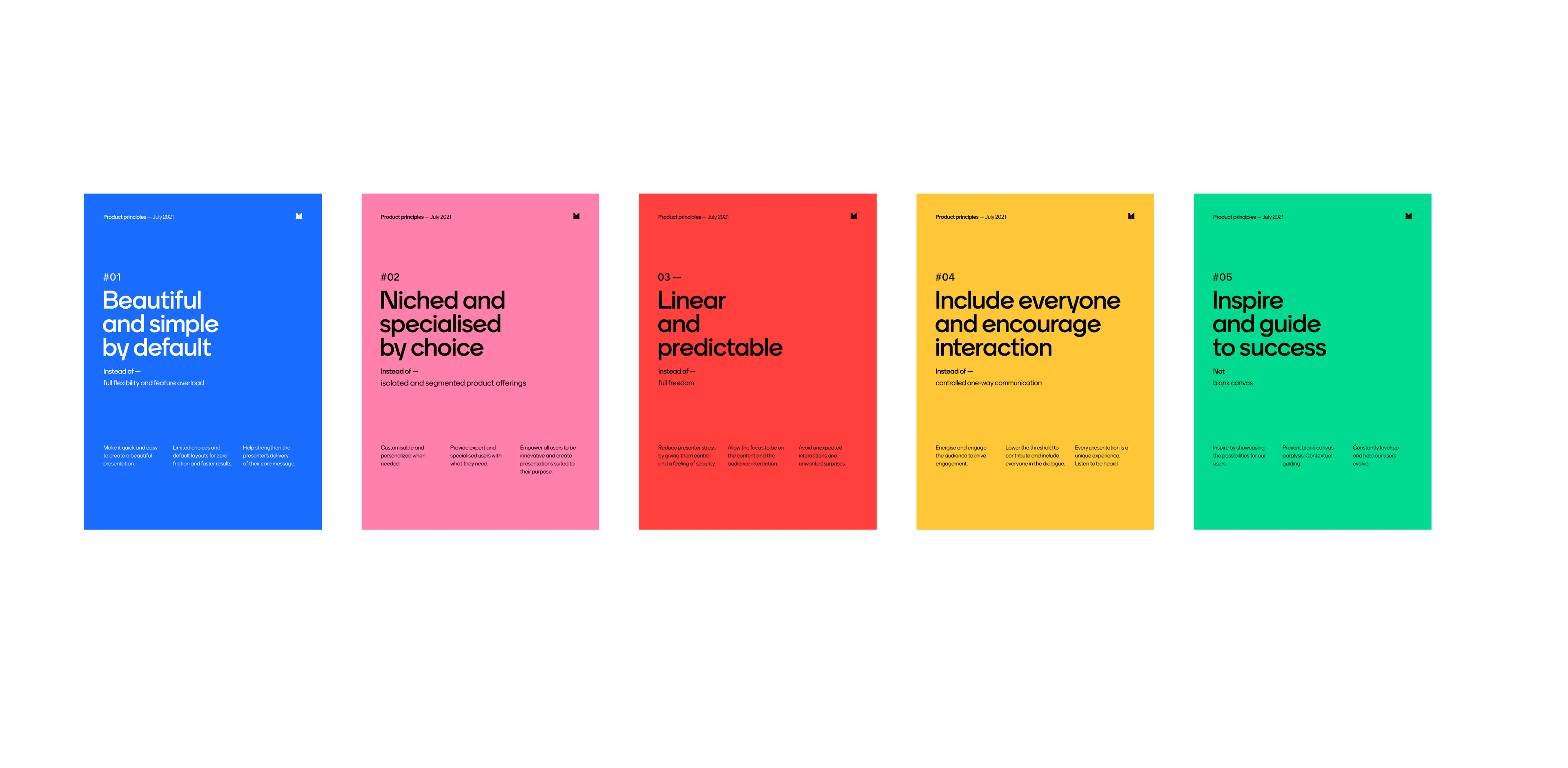 Five product principle posters, each stating a principle and what it replaces