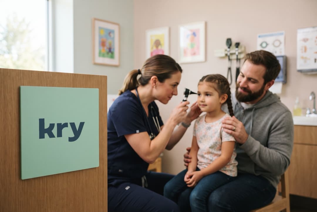 A clinician examining a girl's ear as her father holds her, behind a Kry sign in the foreground