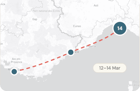 A trip route pinned along the Mediterranean coast