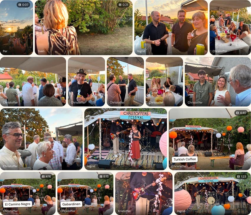 A collection of photos and videos from a garden festival, contributed by several guests