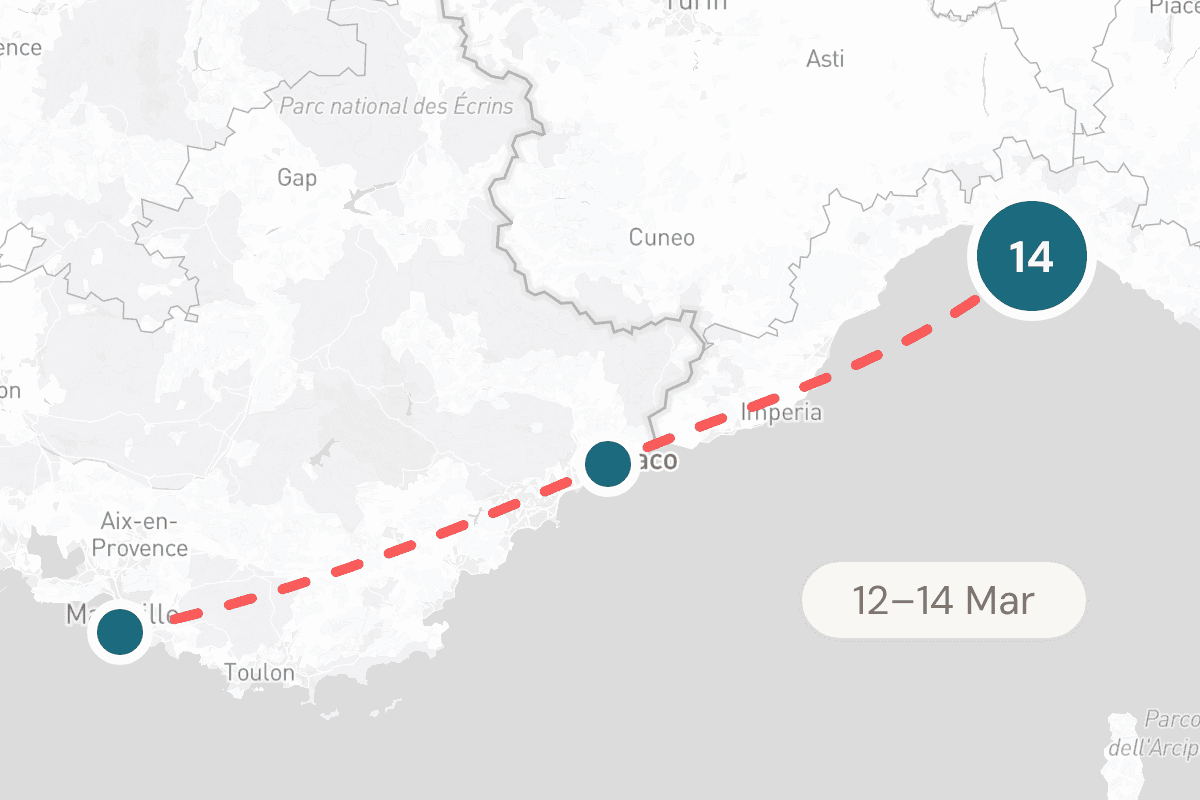A trip route pinned along the Mediterranean coast