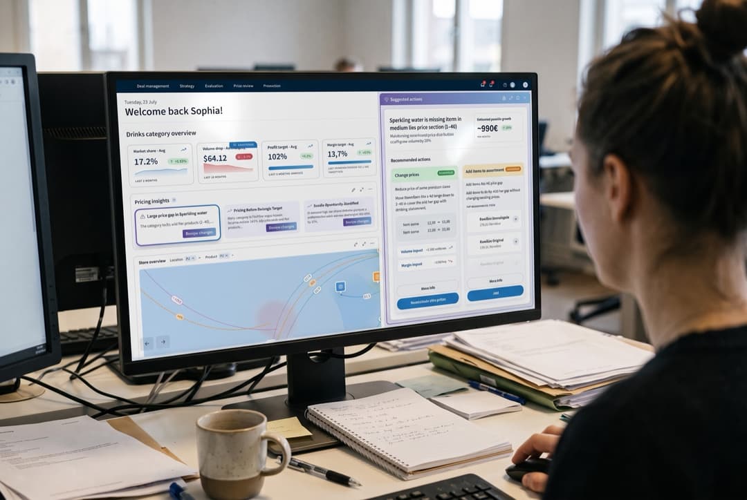 A category manager at a desk, working in the Pricing & Promotions dashboard on a large monitor