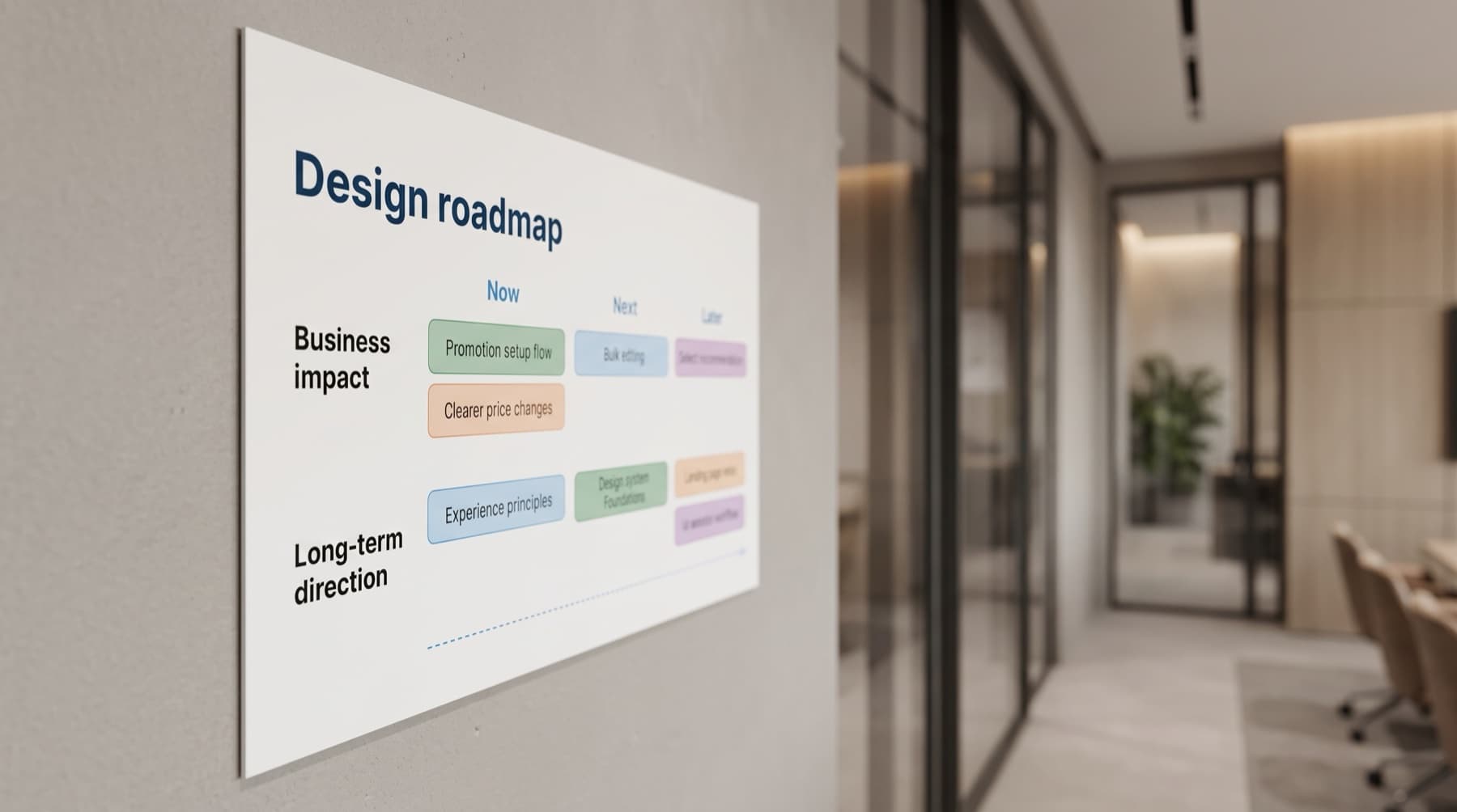 Illustration of a design roadmap on an office wall, with Now, Next and Later columns across two lanes: business impact and long-term direction