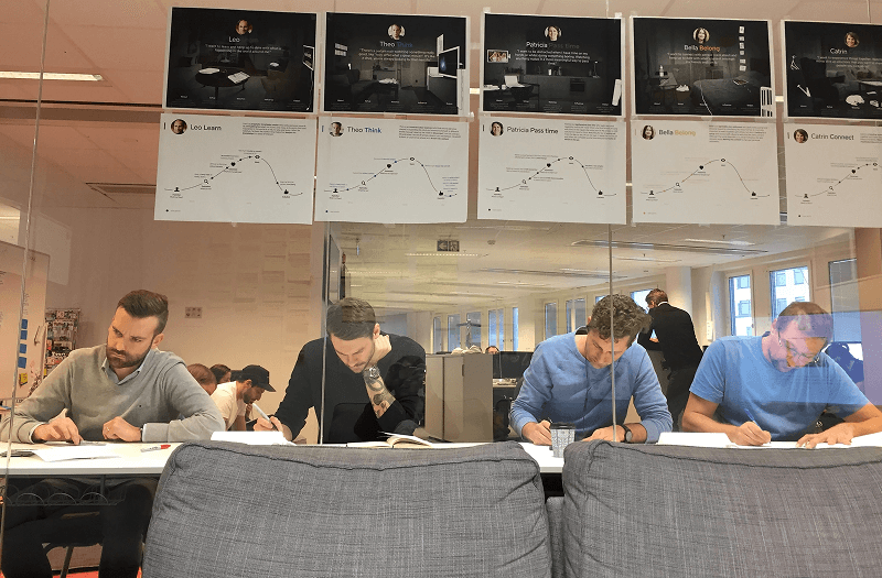 Four people sketching at a long table, with user personas and their journeys pinned to the glass wall above them