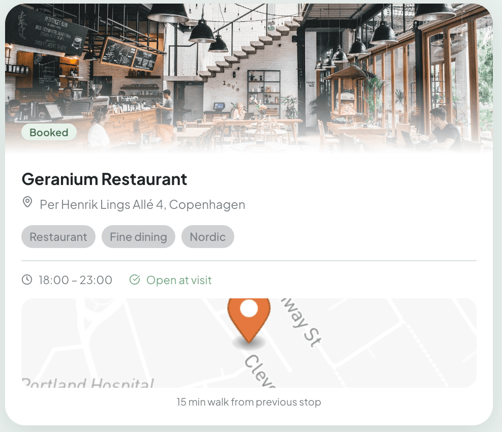 A place in a Wayfarer plan, with hours, tags and walk time