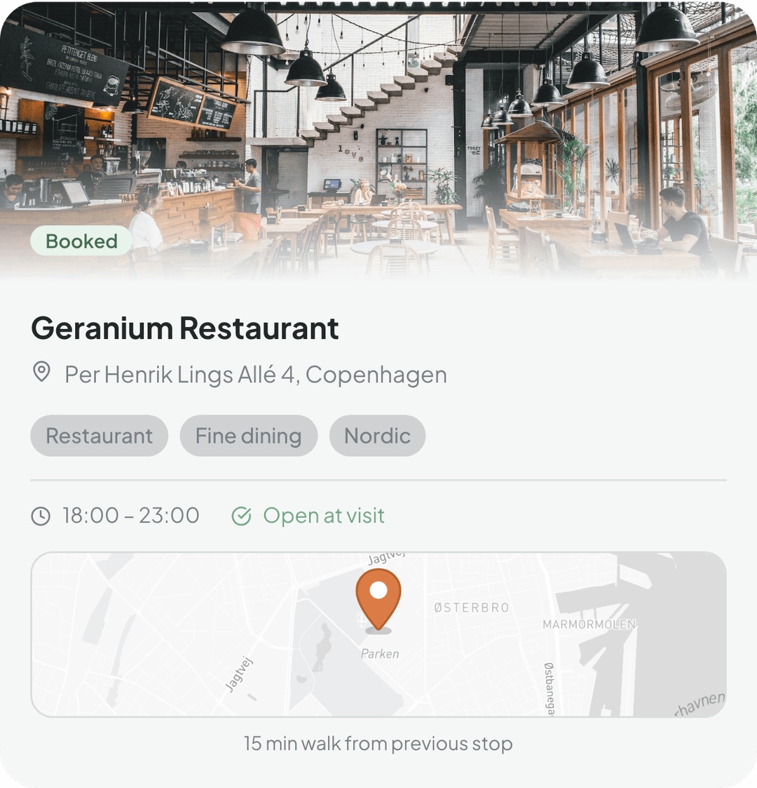 A place in a Wayfarer plan, with hours, tags and walk time